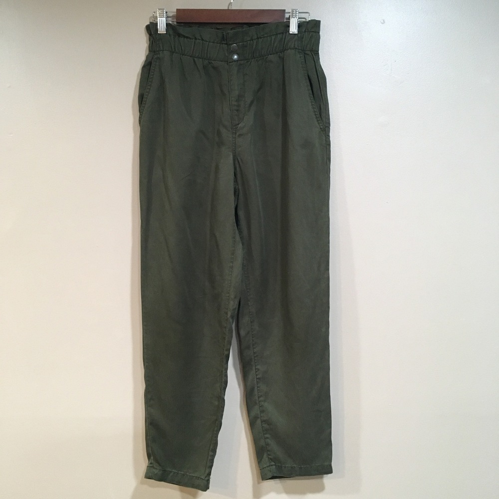 Loft High Rise Paperbag Pants 100% Lyocell Tapered‎ Leg Womens S Army Green Snap